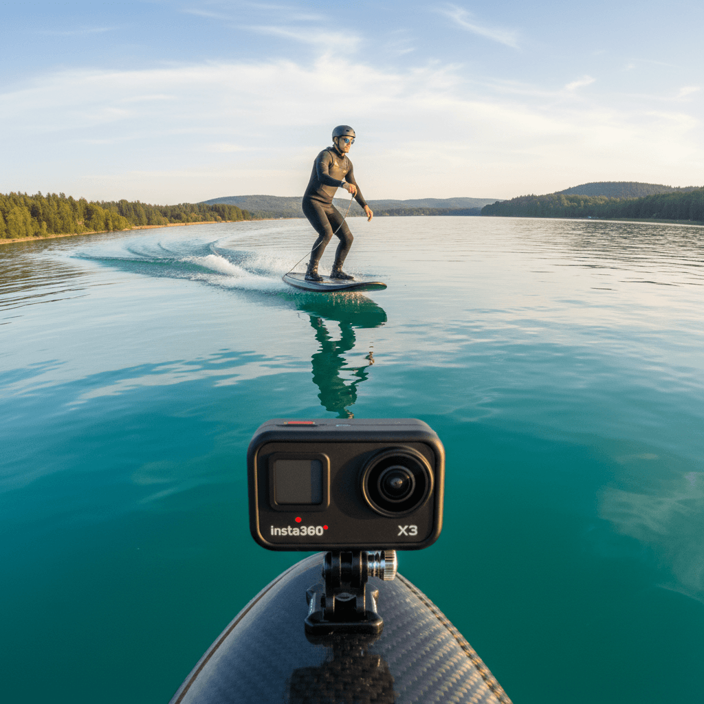 Insta360 camera mounted on e-foil board capturing 360 degree video of lake session